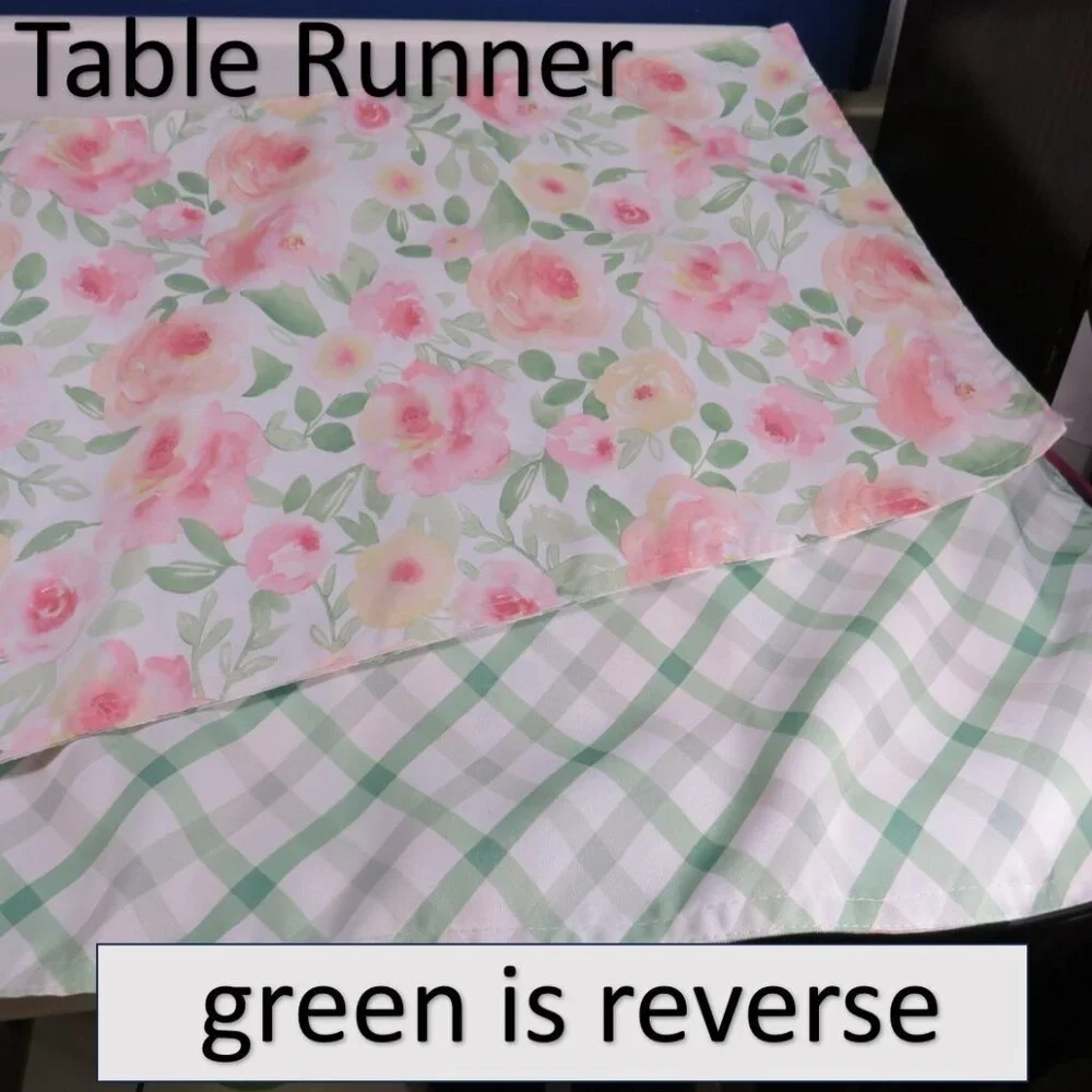 Pastel Rose Floral Table Runner with Green Plaid Backer 13x70
